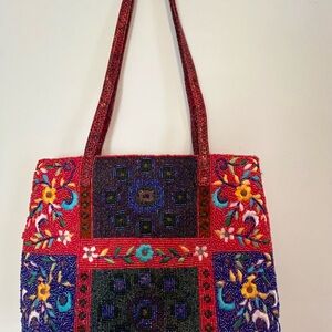 Beaded Floral Patchwork Tote Bag in Red